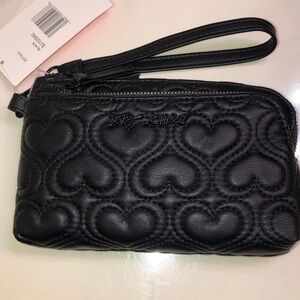 Betsey Johnson XOTULA Black Double Zip Wristlet Quilted Puffy Heart Pattern NWT